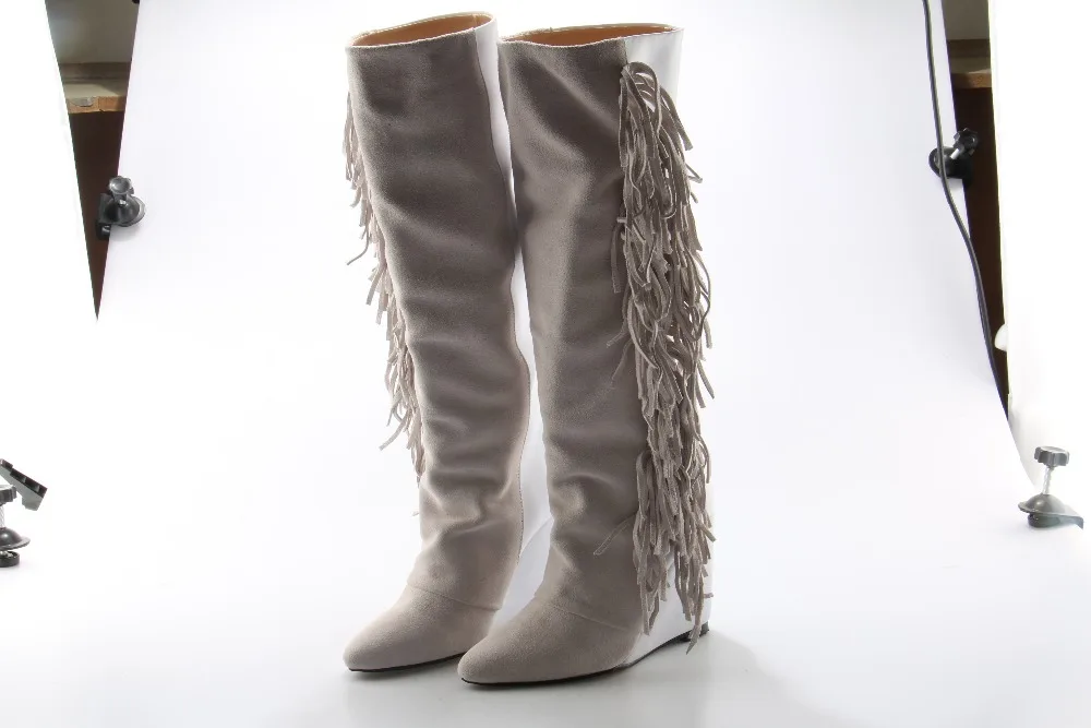 

Italian sude leather fringe platform knee high boots woman height increasing stretch long botas mujer plush motorcycle shoes