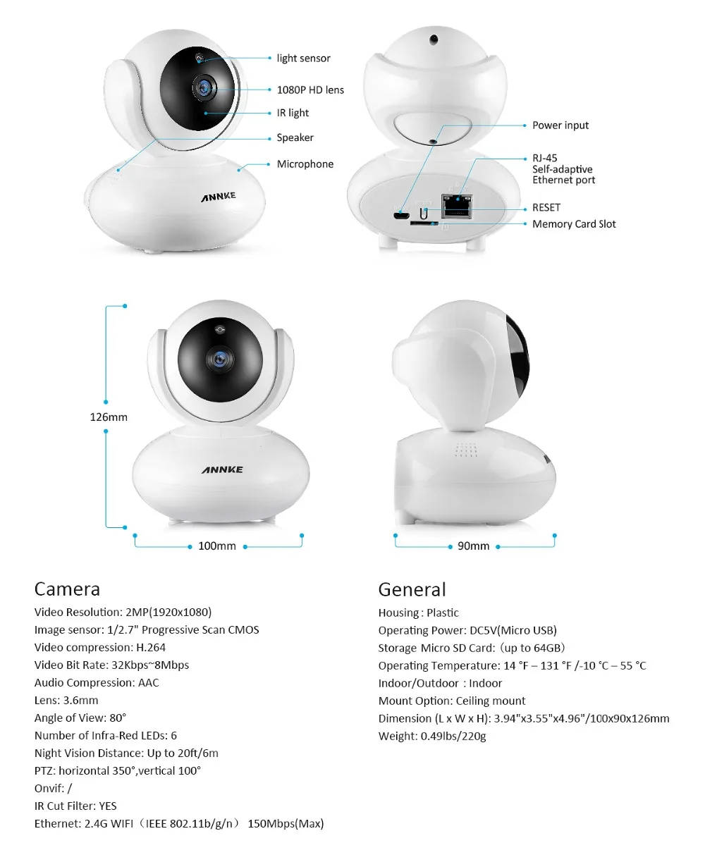 ANNKE 1080P PTZ домашняя IP камера безопасности Беспроводная Смарт ИК WiFi камера Аудио запись наблюдения детский монитор HD мини CCTV камера