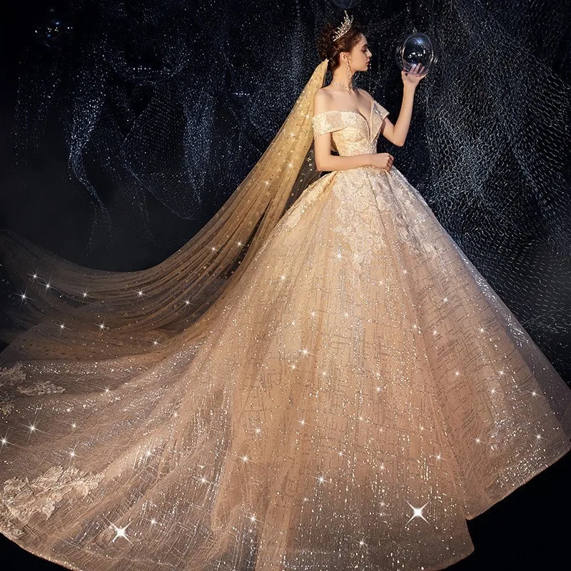 Vivian's Bridal Роскошные блестящие небесные Свадебные платья сексуальные без бретелек с открытыми плечами Часовня поезд романтические Пушистые свадебные платья для женщин - Цвет: Champagne