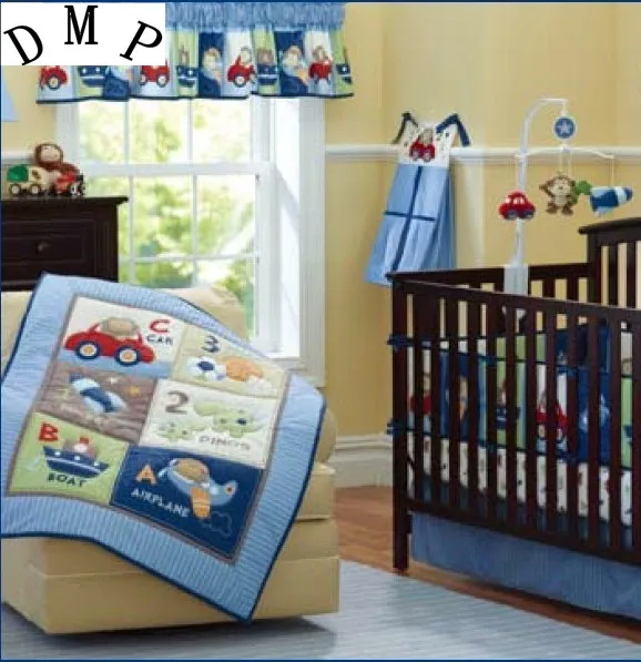 

7pcs Embroidery baby bedding set boy protetor de berco cot quilt sheet bumper (4bumpers+duvet+bed cover+bed skirt)