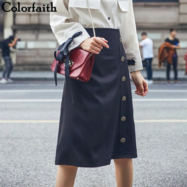 Colorfaith Новый 2018 Для женщин A Line Midi Skirt осень зима Vintag пуговицы Дамская мода юбка