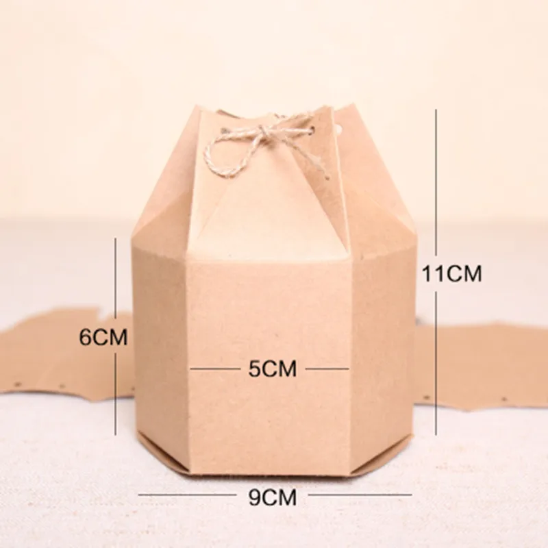 

Retail 50Pcs/Lot 4.5*9*11cm 1.77"x3.54"x4.33" Gift Kraft Paper Pack Boxes With Rope Nuts Tea Hexagon Stand Up Kraft Package Box