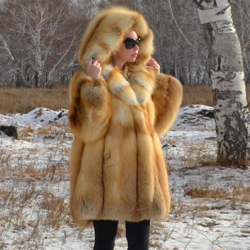 Шуба из красного лисьего меха для женщин зимняя верхняя одежда толстые пальто
