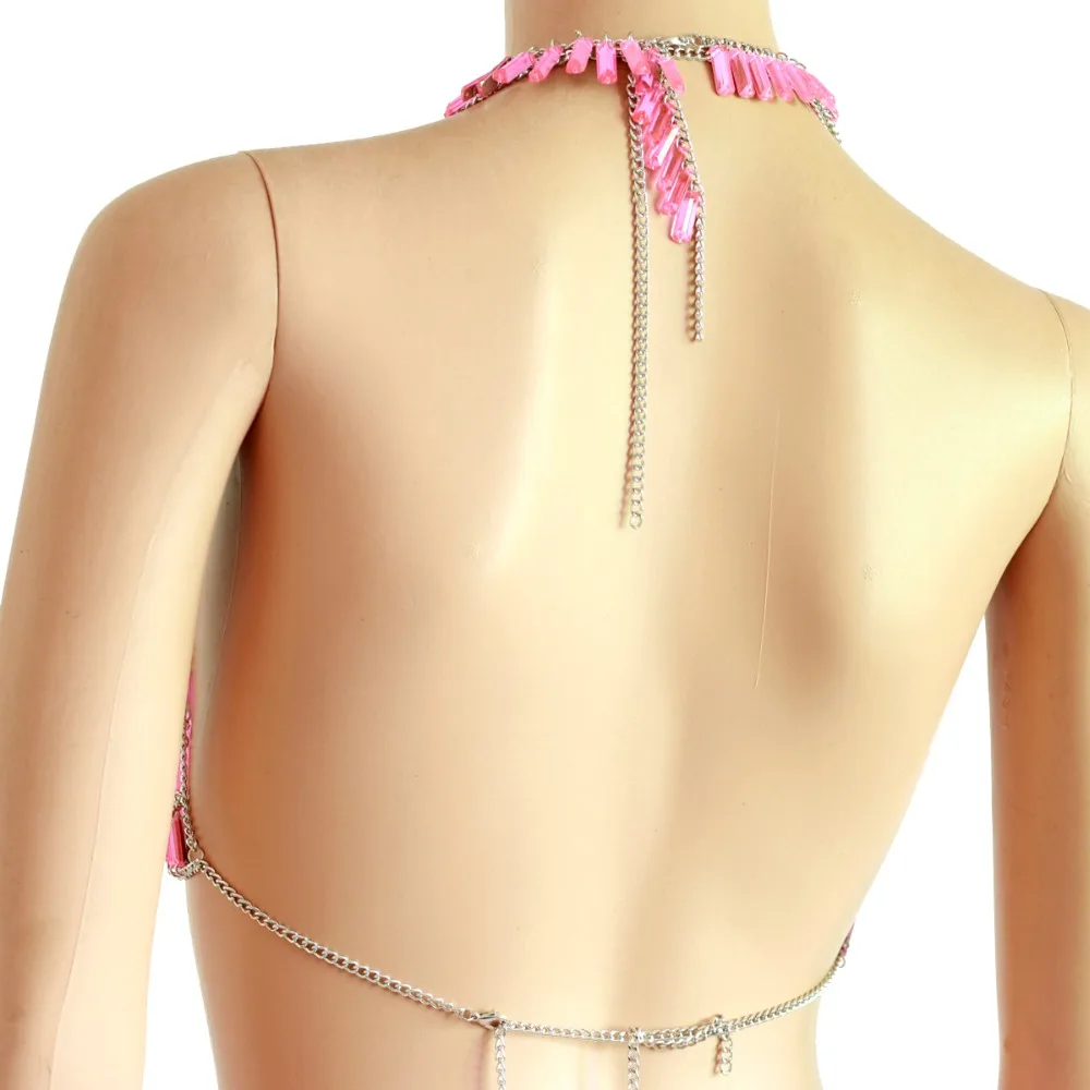 

Chran Sexy Acrylic Gem Bead Crop Top Chainmail Bra Choker Necklace Hot Pink Body Lingerie Festival Outfit Holiday Jewelry CRS506