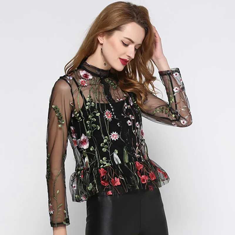 2019 Вышивка Цветочные женские футболки прозрачные черные топы сексуальные