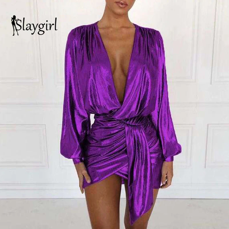 Slaygirl красное тонкое Сексуальное Женское Платье с длинным рукавом и поясом с глубоким v-образным вырезом, Осенние вечерние платья, зимнее облегающее Короткое мини платье