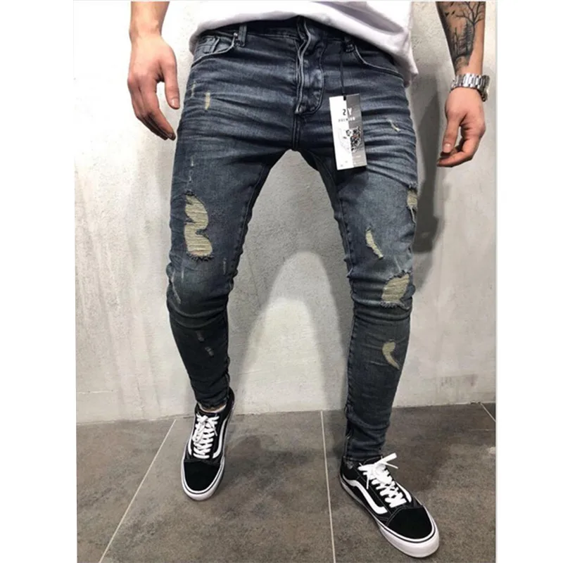 Men Stylish Jeans Biker Slim Straight Hip Hop Denim Trousers Fashion Skinny 2019 Elastic Ripped pocket streetwear jeans | Мужская одежда
