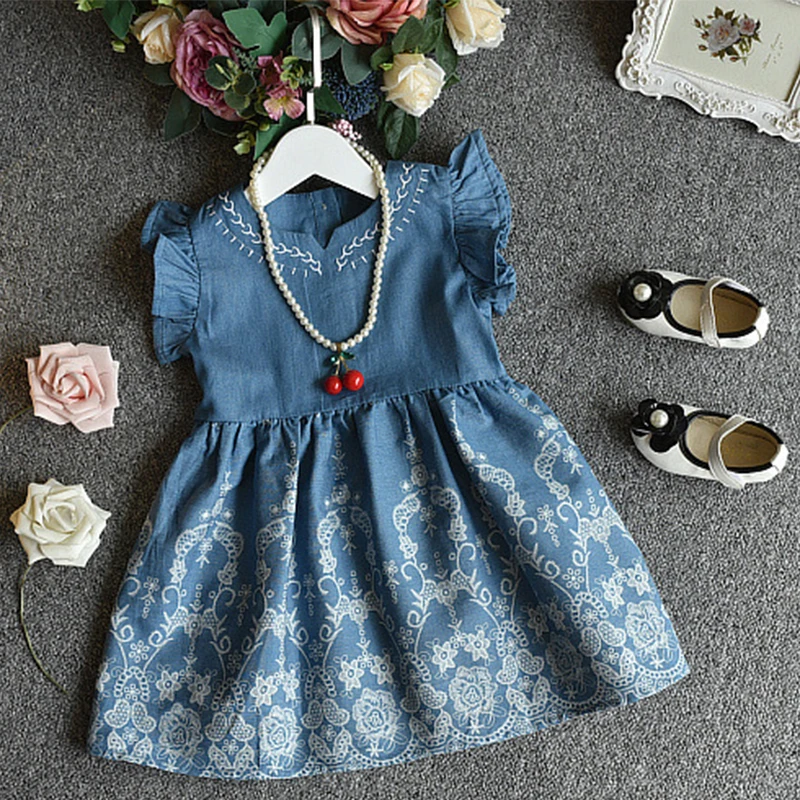 baby girl dress 2019 summer princess toddler dresses spring sleeveless denim a line floral 3 4 5 6 7 years | Детская одежда и