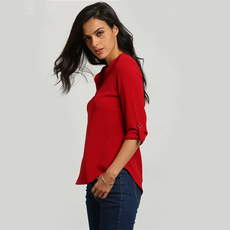 2017 Женщины С Длинным Рукавом отложным V образным Вырезом Блузка Твердые Сыпучие