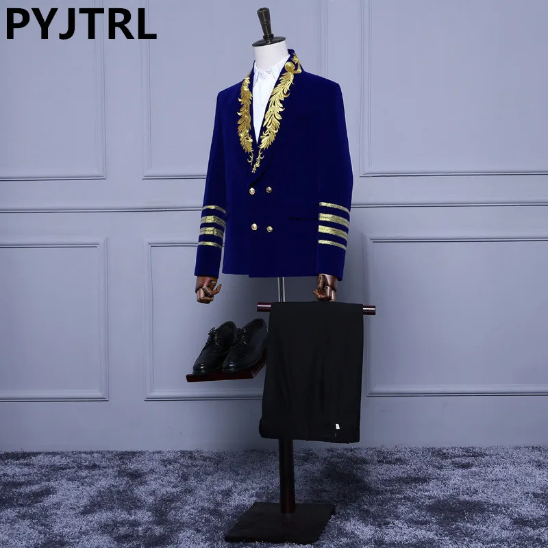 Мужской двубортный костюм (пиджак + брюки) темно-синий бархатный с вышивкой