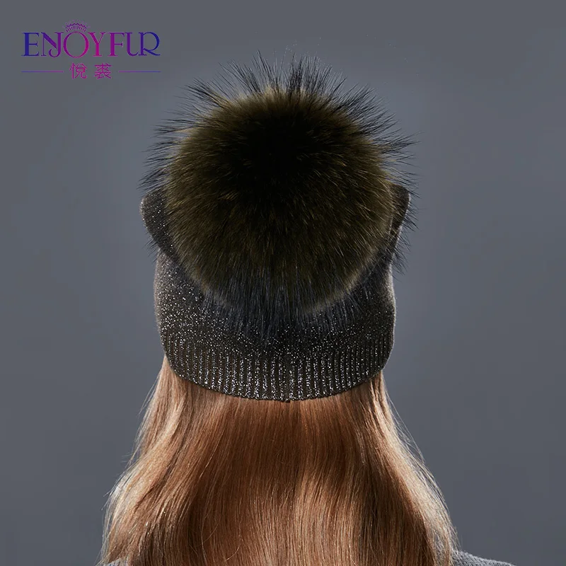 Enjoyfur из натурального меха енота Pom Hat женские шерстяные вязаные шапки зимние для