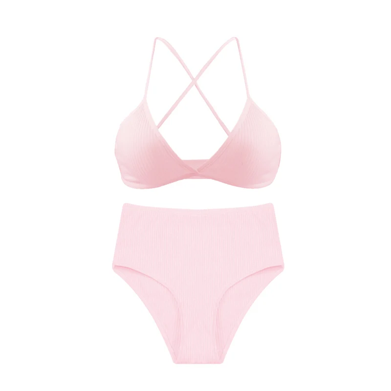 Pink Set De Monarchia, сексуальный женский бюстгальтер, в рубчик, с глубоким вырезом, нижнее белье, беспроводной, крест-накрест сзади, v-образный вырез, бюстгальтеры с воротником, комфортный, Женский хлопковый бюстгальтер - Цвет: Pink Set