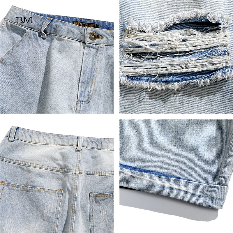 Мужские джинсовые шорты до колена повседневные рваные в стиле хип-хоп корейская