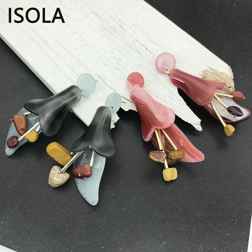 Акриловые серьги подвески ISOLA с двумя листьями три бутона внутри Эффектные