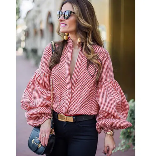 

Women Lady Blouse V Neck Long Sleeve Shirt Puff Sleeve Button Tee Ladies Casual Slim Tops Autumn Ladies Clothing