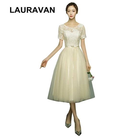 

robe de mariage champagne lace sexy short tulle bridemaids modest bridesmaid tea length party dress wedding girls ball gown