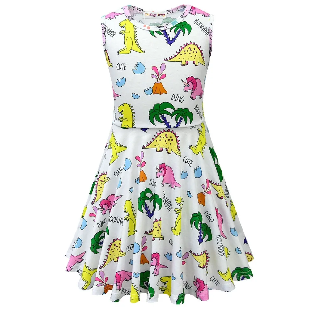 2019 Summer New Girls Dress Sleeveless Princess Ball Gown Cartoon Dinosaur Print Cute for Baby |