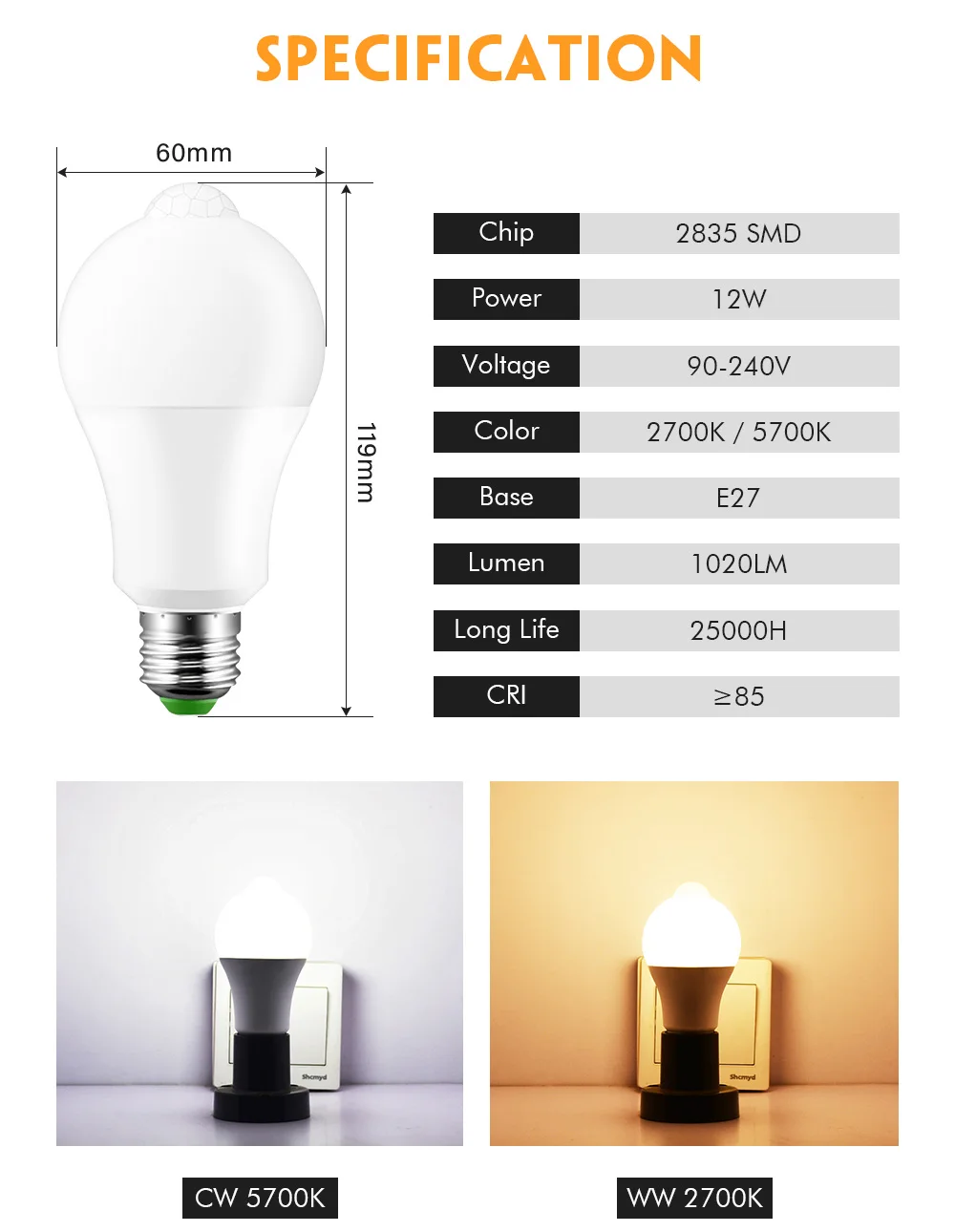 LED PIR Sensor Bulb E27 12W AC 220V 110V Dusk to Dawn Light Bulb Day Night Light Motion Sensor Lamp for Home Lighting