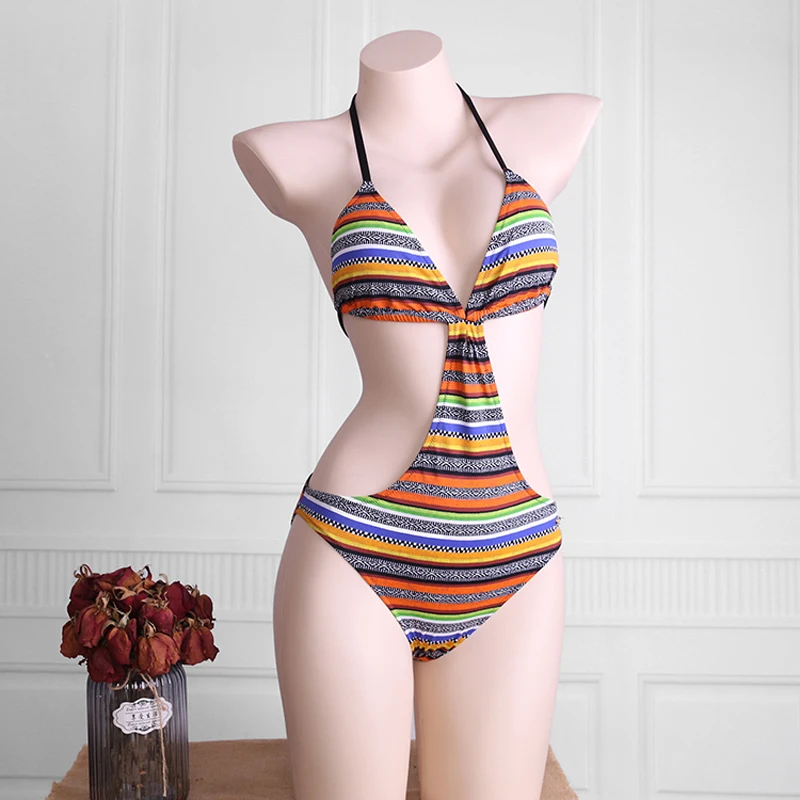 Женские сексуальные цельные купальники-стринги Монокини без рукавов с полосатым
