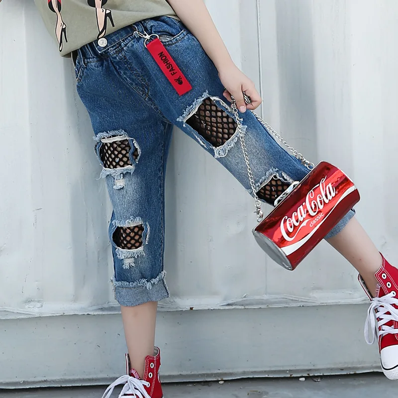 Kids Clothes Girl Summer Cotton T-shirt and Black Nets Denim Trousers Children's Clothing Sets 4-14 Ages Teen Girls sports suit | Детская