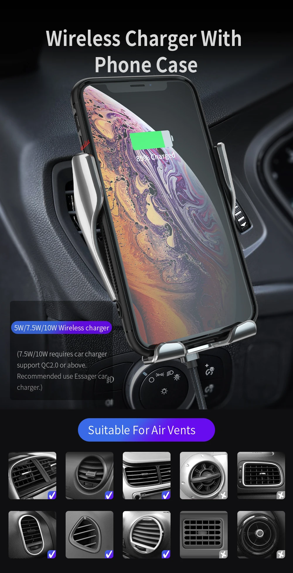 Essager 20 Вт Qi автомобильное беспроводное зарядное устройство для iPhone samsung Xiaomi интеллектуальное инфракрасное Быстрое беспроводное зарядное устройство Автомобильный держатель для телефона