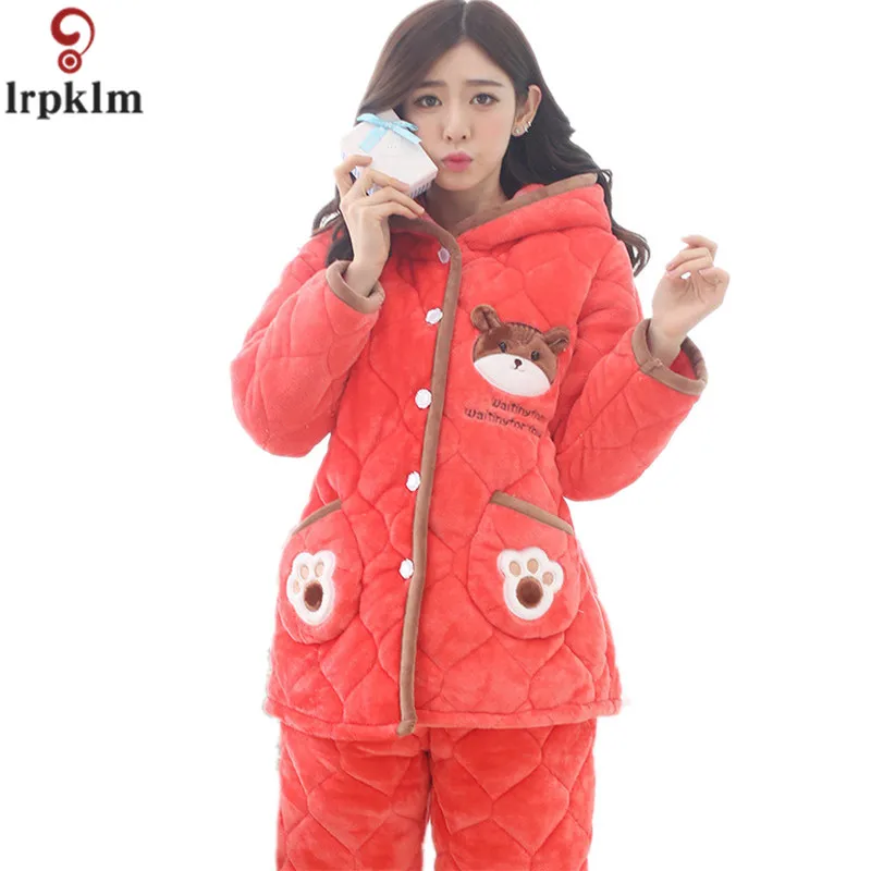 Зимняя Новинка 2017 года с капюшоном пижамы набор Для женщин одежда мод медведь