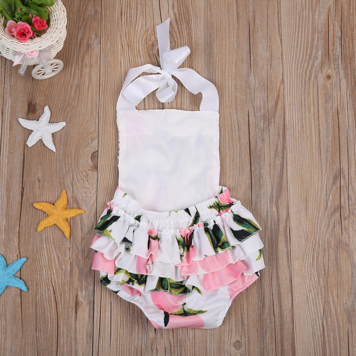 Новый Лето 2017 г. для новорожденных девочек персиковый с рисунком кружева рюшами