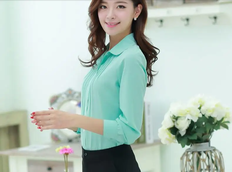 

Lady Office Work OL Chiffon Shirts Tops 2020 Single Breasted Solid Color Long Sleeve Slim Shirts Top Clothes