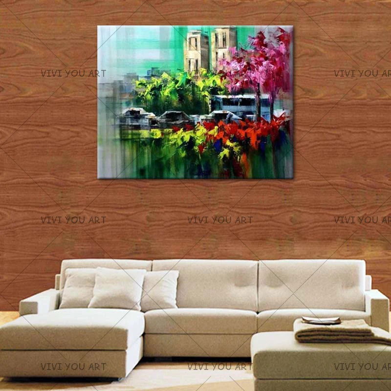 100% ручная роспись палитра нож абстрактная городская картина маслом на холсте