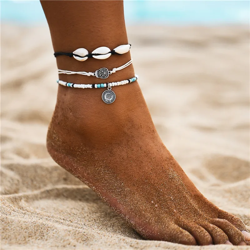 Boho Ocean Beach Sea Shell Cowrie лодыжки браслет Многослойные Бусины Регулируемая Веревка
