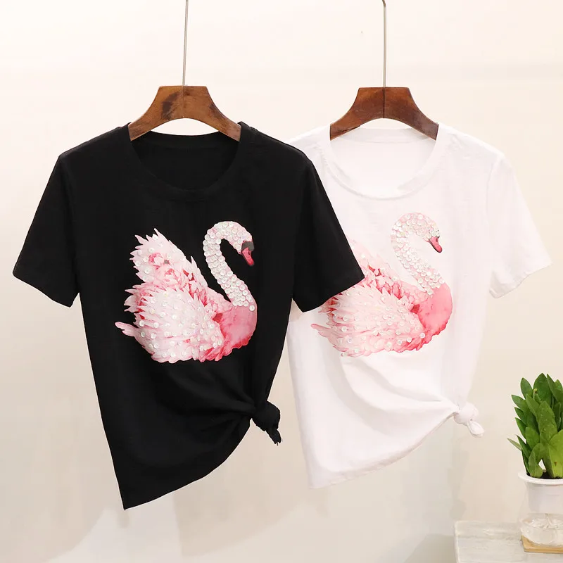 Летняя Новинка 2020 женская футболка с коротким рукавом лебедем и блестками модные