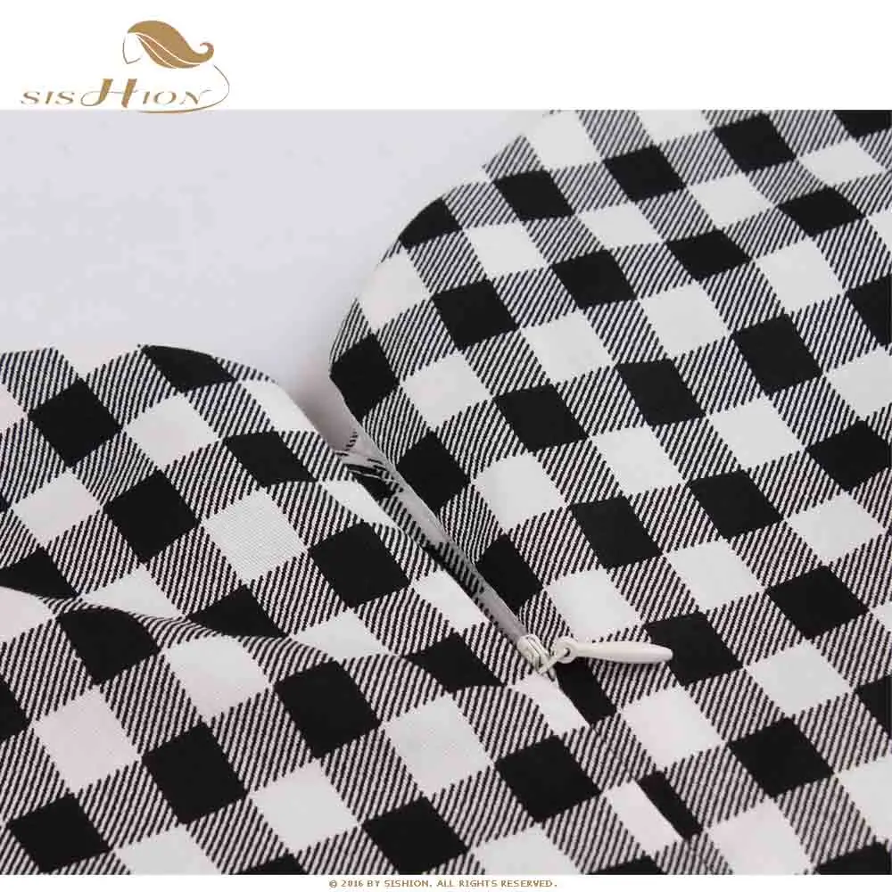 

SISHION Cotton Vintage Dress 1766 Half Sleeve Swing Sexy Slash Neck Black and White Women Summer Plaid Dress robe vintage