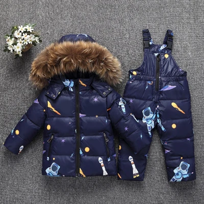 Dark Blue Printting Г. Зимняя куртка детские пуховики для мальчиков и девочек, детские комбинезоны зимний комбинезон с капюшоном, парка с натуральным мехом комплект детской одежды, пальто - Цвет: Dark Blue Printting