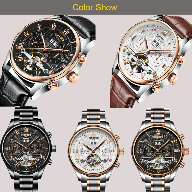 Kinyued Скелет автоматические часы Для мужчин Водонепроницаемый парящего турбийона