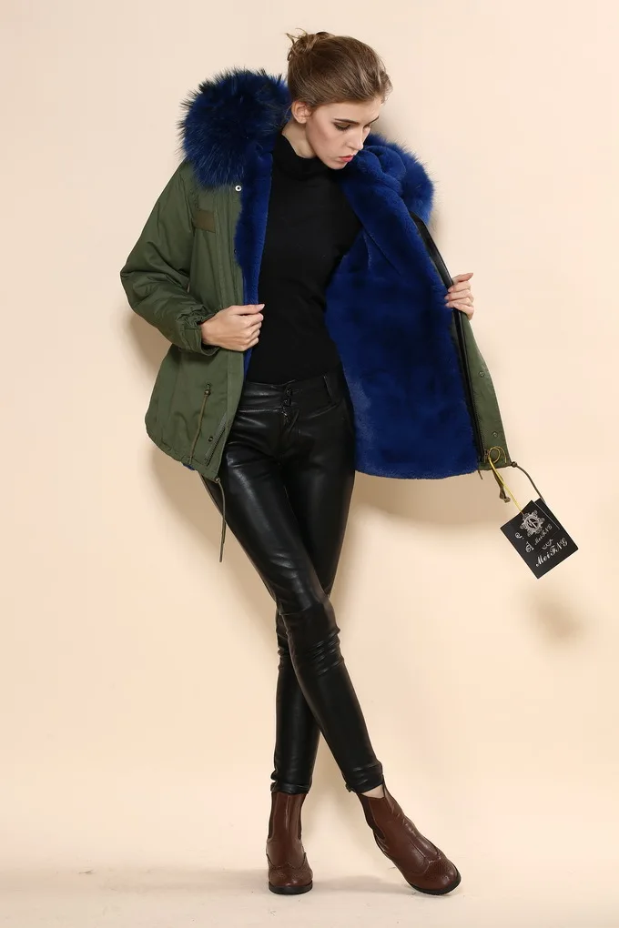Winter Military Green Womens Dark Blue Faux Fur Lined Short Jacket Ladies Raccoon Hooded Parka Coat 2017 Wholesale | Женская одежда