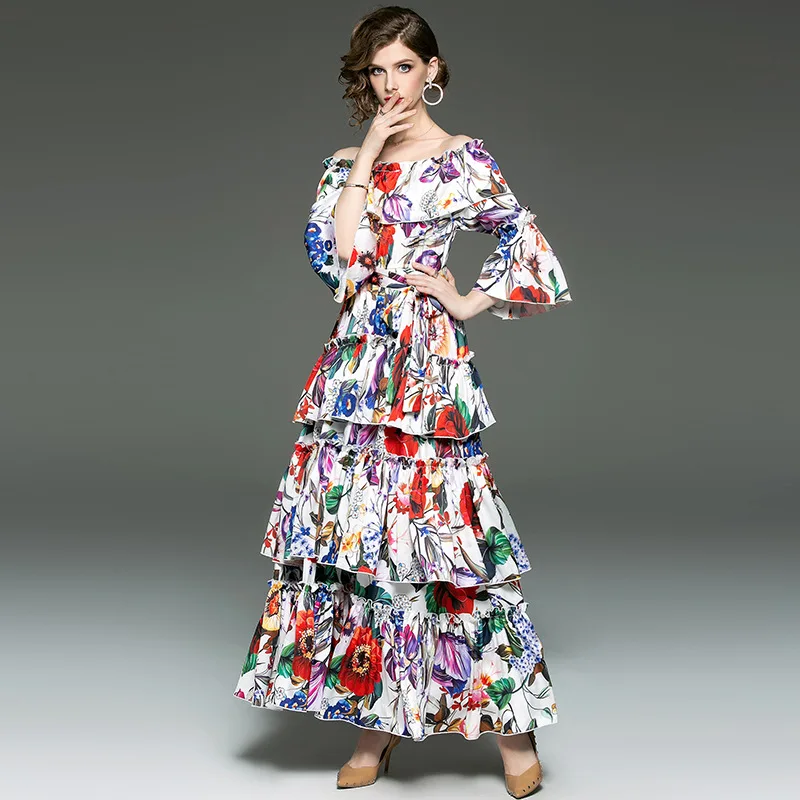 

Spring 2022 Sexy Slash Neck Printed Lotus Leaf Edge Print Flower Summer Dress Elegant European Style Long Dresses Female QH045