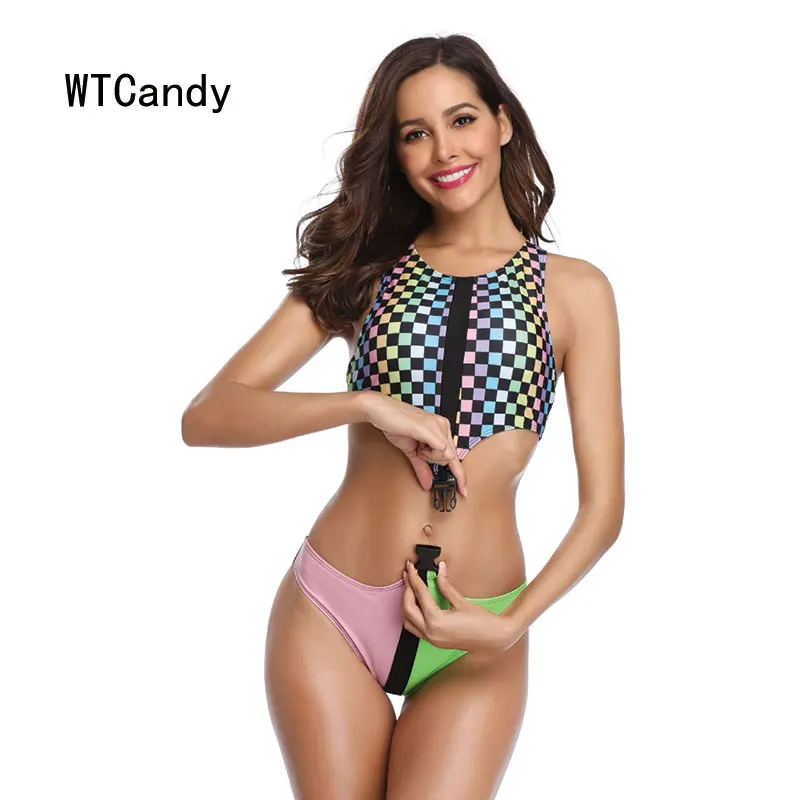 WTCandy Радужный клетчатый цельный купальник женский монокини с вырезом розовый и