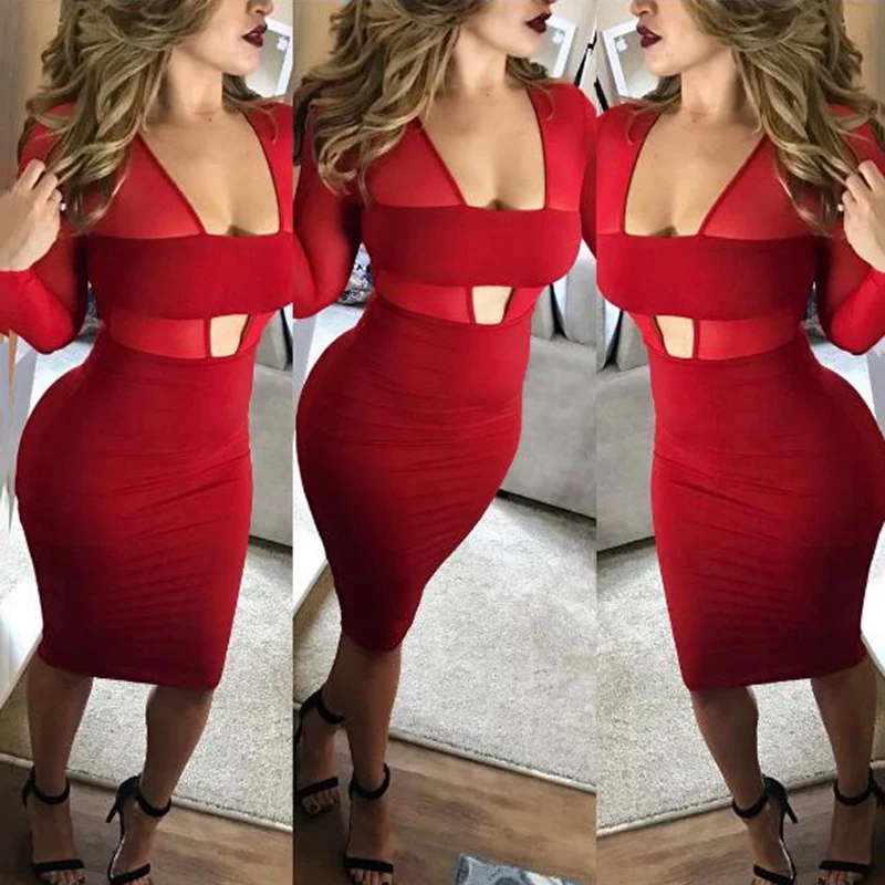 Женское платье с длинным рукавом HL447 вечернее Сетчатое рукавом|bandage dress|women dress