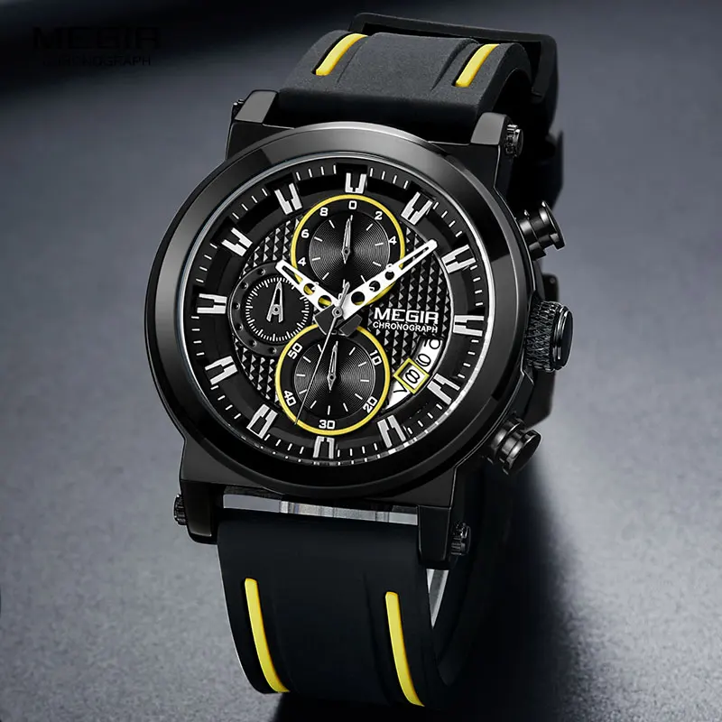 Megir Men's Sports Quartz Watches Silicone Strap Chronograph Army Wrist Watch Man Relogios Masculino Waterproof 3 Bar 2100 Black |