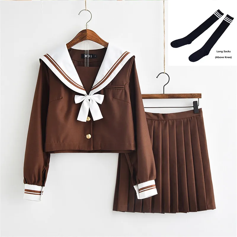 Set with Socks Uhyd аниме косплей школьная форма топ и юбка костюм моряка комплект школьниц коричневый Seifuku Униформа W54 - Цвет: Set with Socks