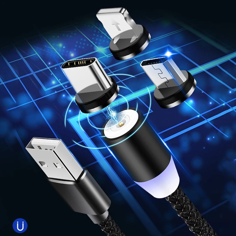 360 светодиодный магнитный usb-кабель для iPhone XS XR X 7 8 Магнитный Micro USB type C для быстрой зарядки samsung huawei Xiaomi USB-C