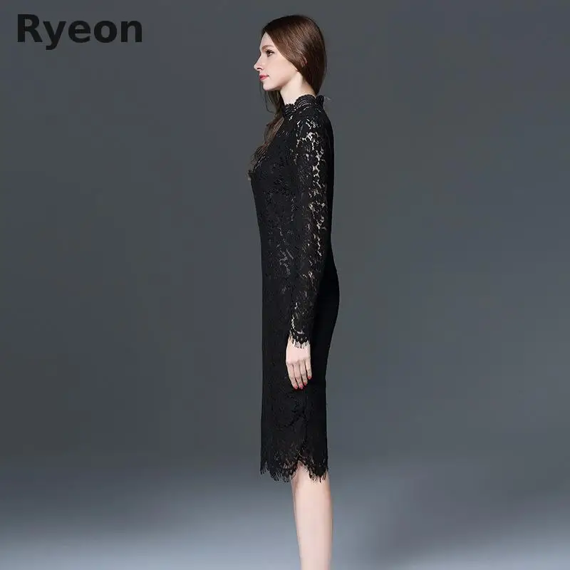 Ryeon 5XL Дамы Элегантный Черный Плюс Размер Весна Dress женская Одежда Офис Кружева