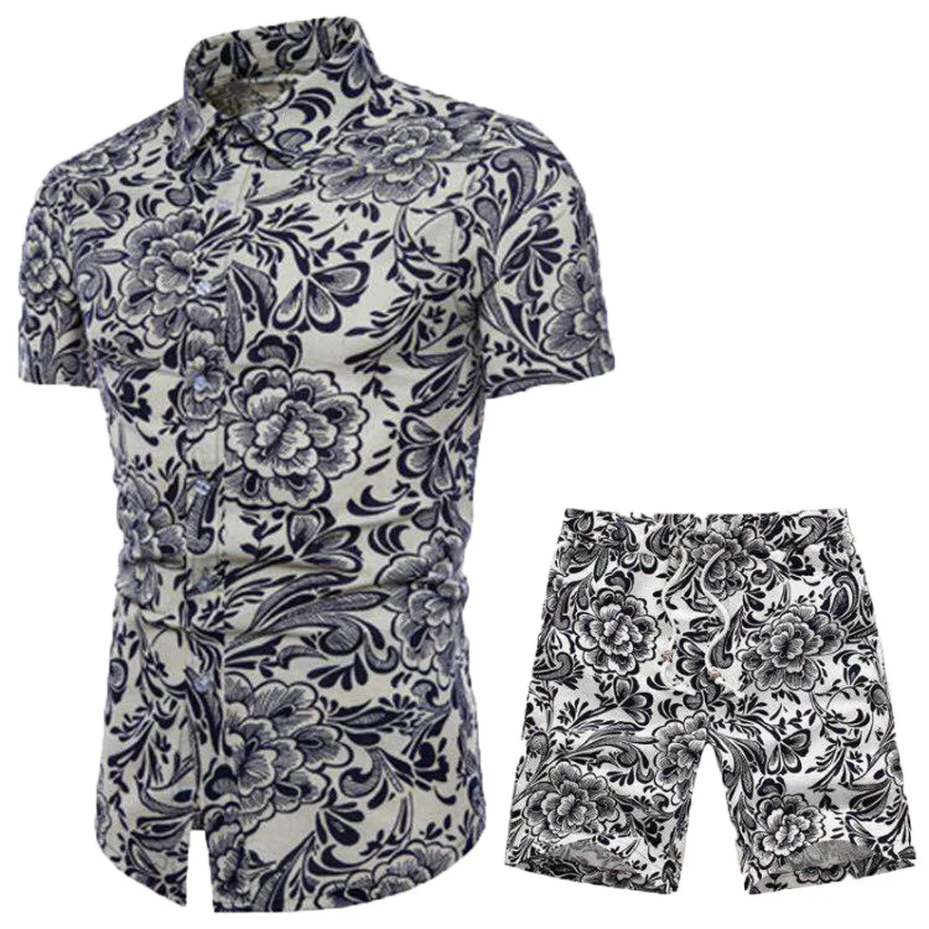 

fashion Printing 2019 mens clothing set hawaiian shirt summer slim fit plus size M-5XL Comfortable men shirt + shorts d90522