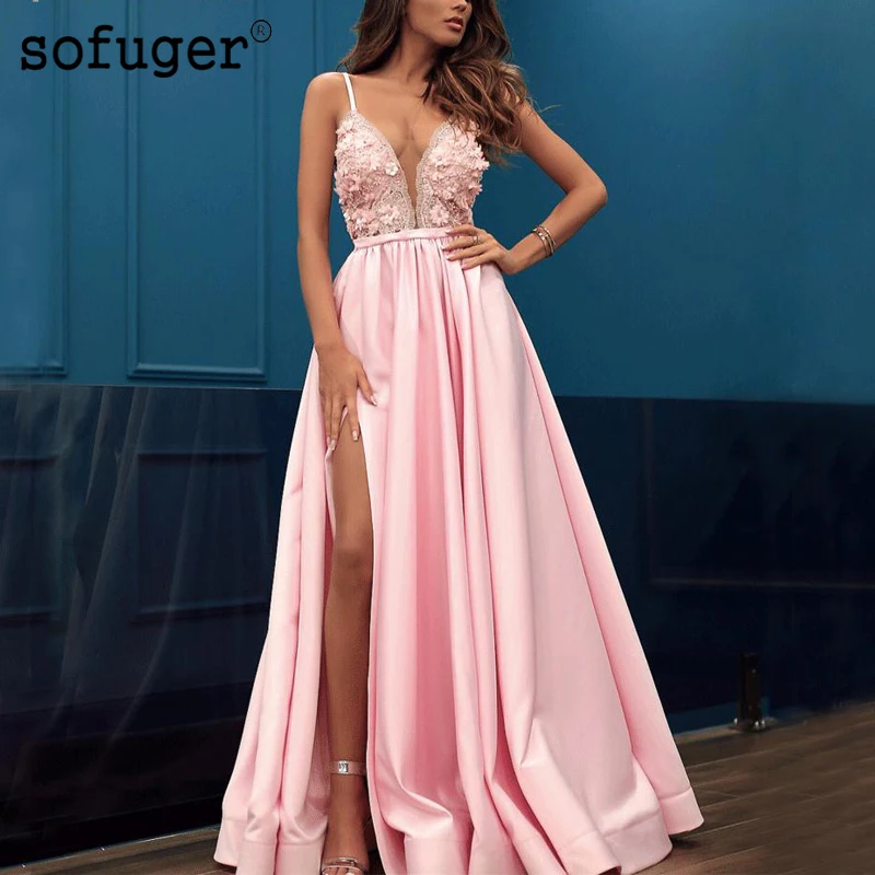 

Grace Pink Prom Dresses Long Lace Applique 3D Flower Beaded Prom Gown Vestido De Festa De Longo