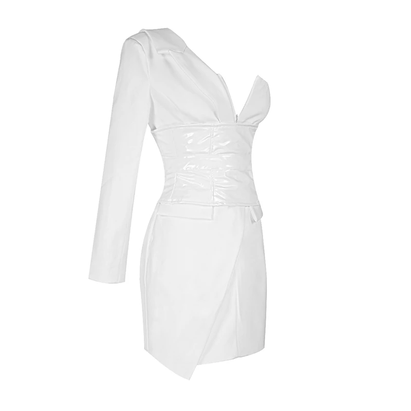 Новая Черно-белая куртка с одним плечом PU ремень сексуальные вечерние Bodycon женская одежда осеннее платье+ костюм
