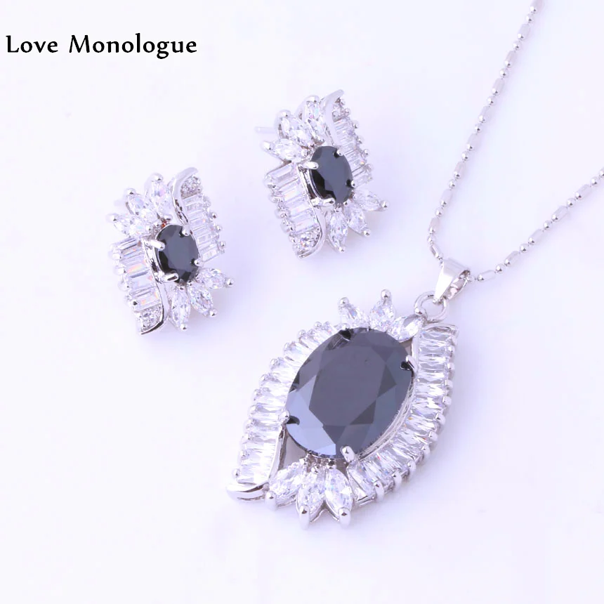 Женский комплект из колье и серёг с черным ониксом фианитом | Украшения