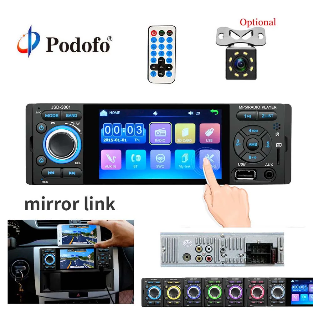 Podofo " сенсорный экран Bluetooth автомобильное радио 1 Din Зеркало Ссылка Авторадио Стерео аудио MP5 видео плеер USB MP3 TF JSD-3001 радио