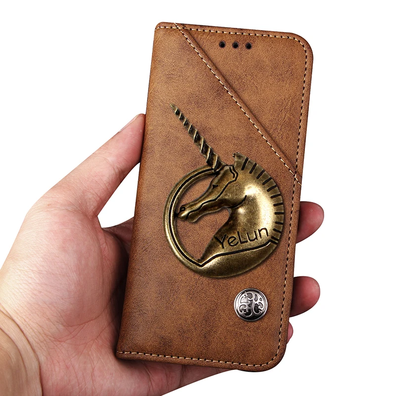 Brown YeLun для Sharp Aquos S3 мини-чехол Роскошный Металлический кожаный флип-чехол с единорогом для Sharp FS8018 защитный чехол для телефона задняя крышка - Цвет: Brown
