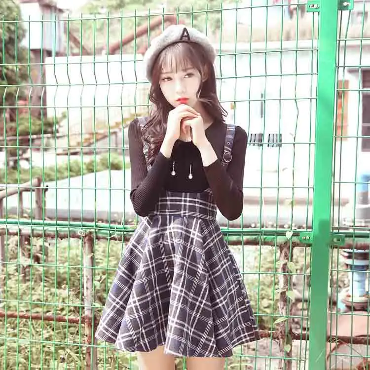 Skirt Корейский модный сарафан в клетку юбка осень японский Винтаж Шерсть тонкие юбки в складку колледж Сладкий ремень мини юбки - Цвет: Skirt