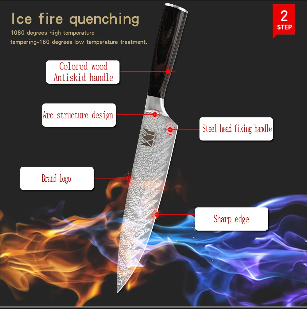 XYj Imitation Damascus Pattern Chef Knife 7Cr17 High Carbon Stainless Steel Kitchen Knives Ultra Sharp Blade Comfortable Handle